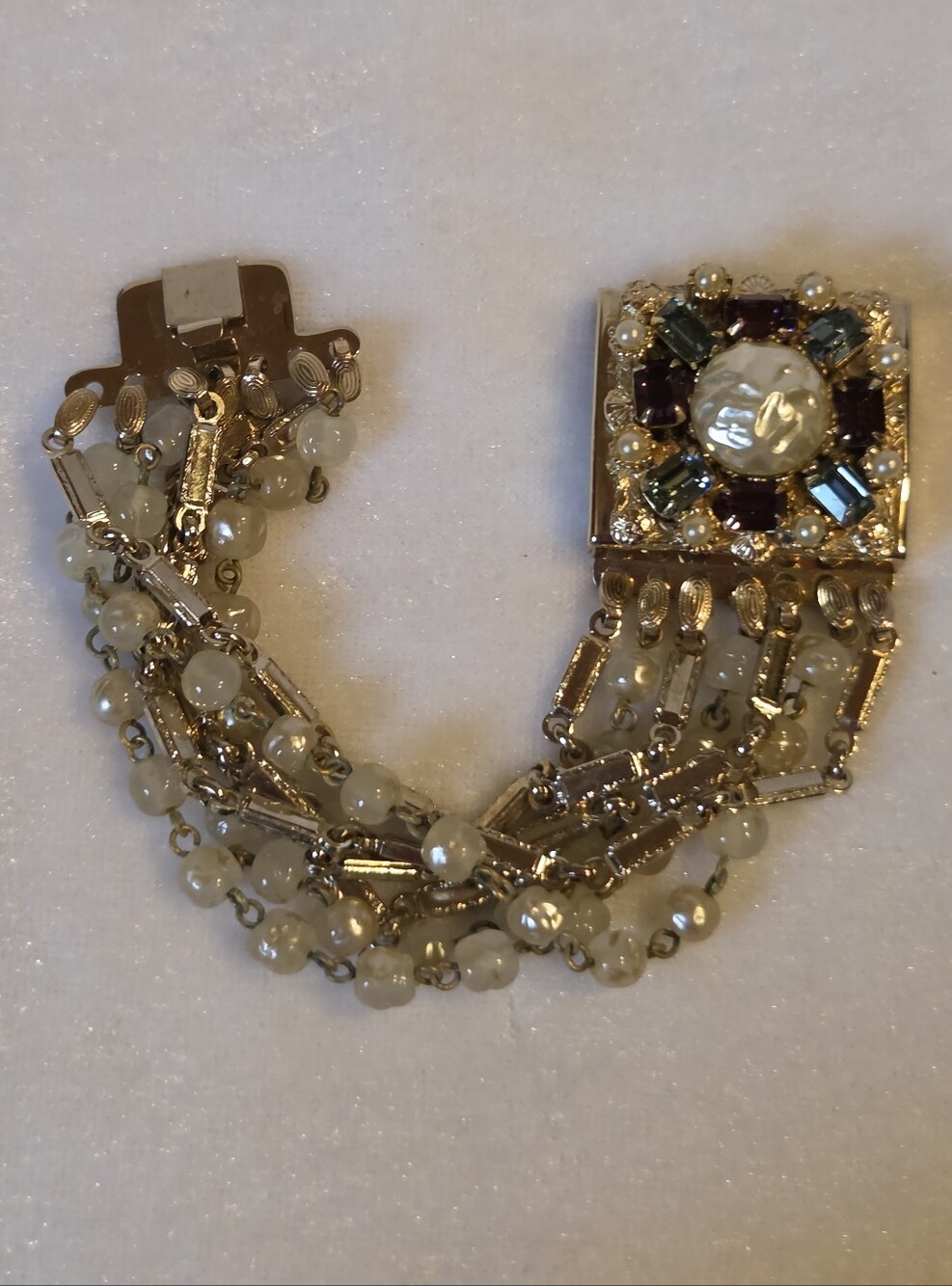Vintage Victorian Revival Multi-Strand Faux Pearl Bejewelled Clasp Bracelet